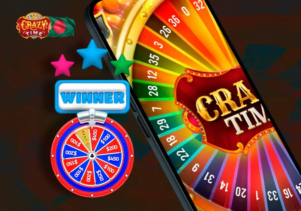 Crazy Time loading screen, game wheel and winning icon