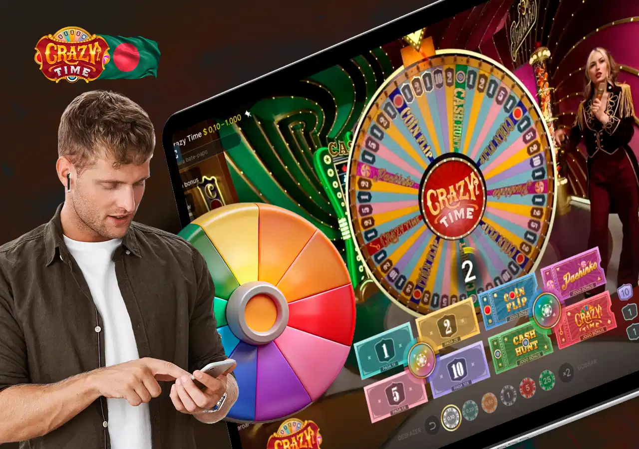 A man looks into the screen of a cell phone and screenshot of the Crazy Time demo game