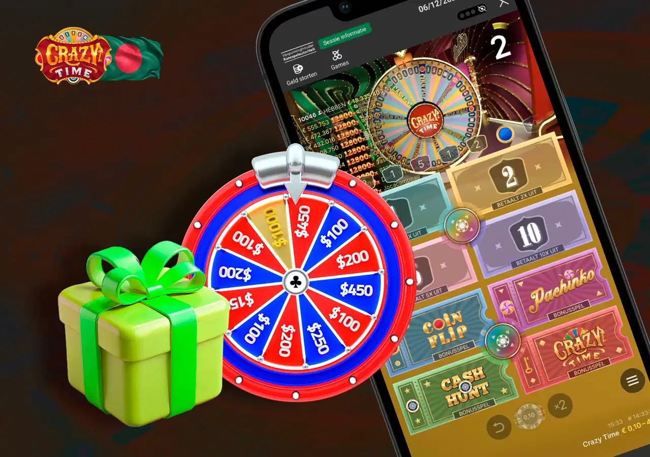 Online casino page with bonuses and a selection of games with a gift box next to