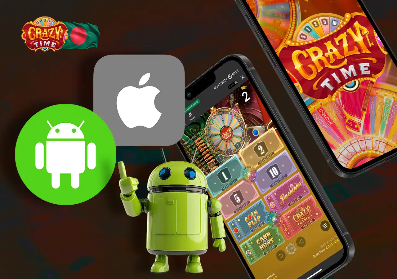 Screenshots of online casino with bonus system and games with designation of mobile app available