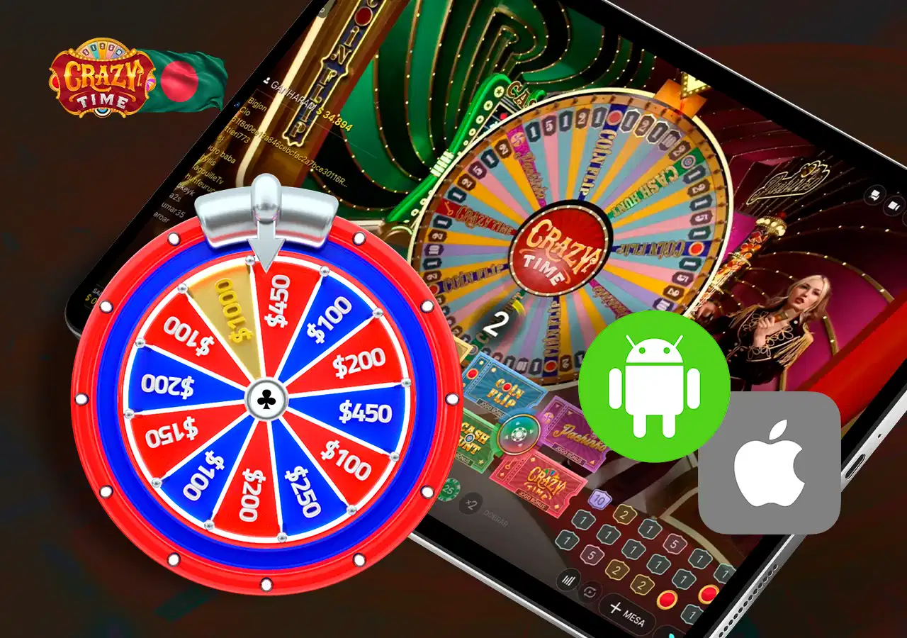 Game wheel and mobile app icons with casino game screenshot on tablet screen