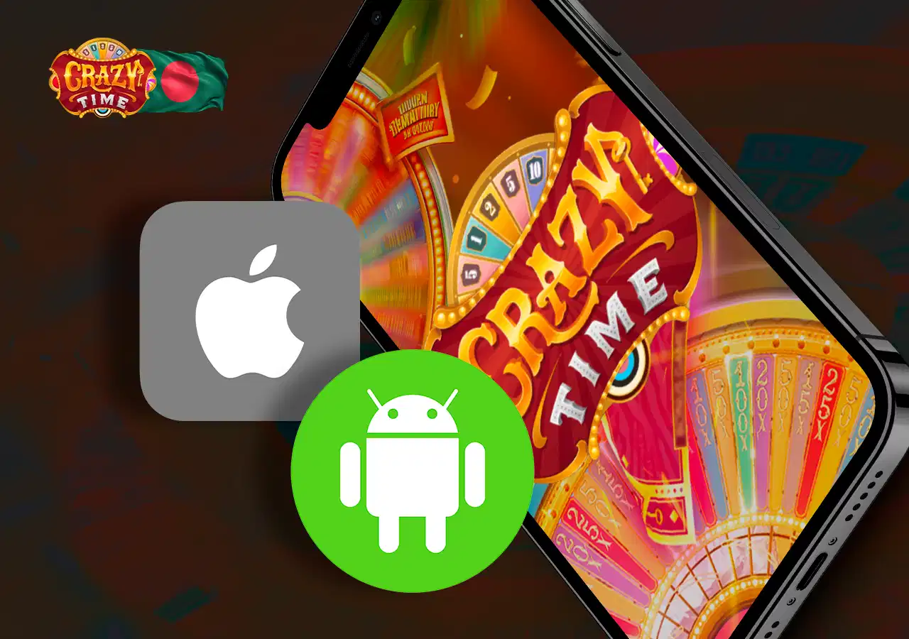 Crazy Time online casino on mobile screen with Android and iOS icons