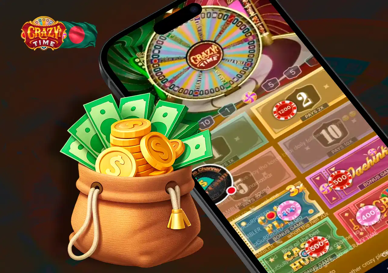 Crazy Time Casino with bonuses and available games amidst a bag of money