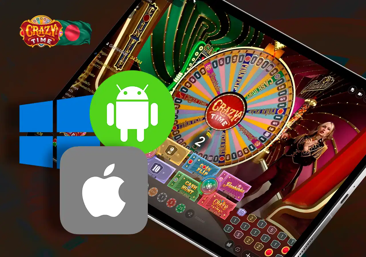 Crazy Time demo game with iOS, Android, Windows icons